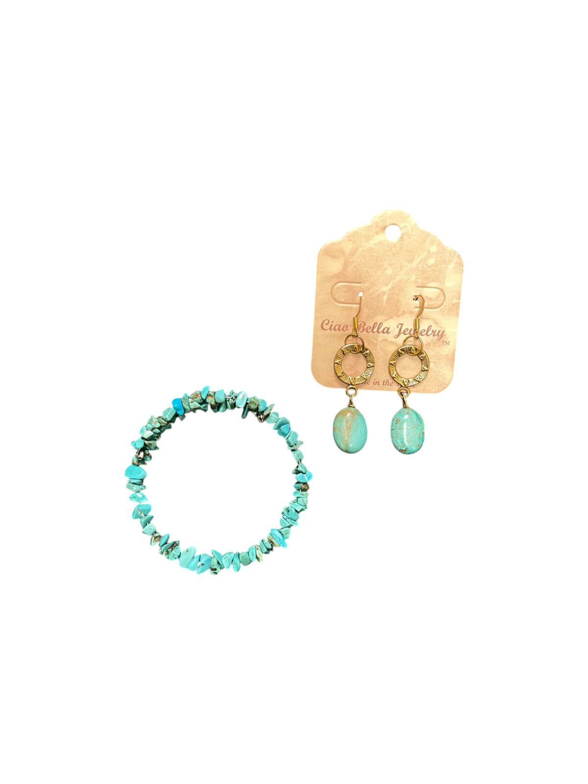 Turquoise Jewelry Set, Beaded Bracelet & Gold Earrings