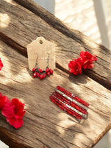 Red Beaded Jewelry Set, Multi-Strand Wrap Bracelet & Cluster Earrings