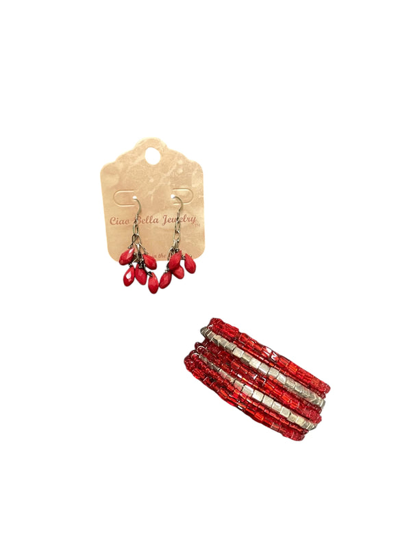 Red Beaded Jewelry Set, Multi-Strand Wrap Bracelet & Cluster Earrings