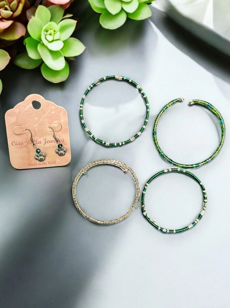 Green Crystal Jewelry Set, Wrap Bracelets & Lion Paw Earrings