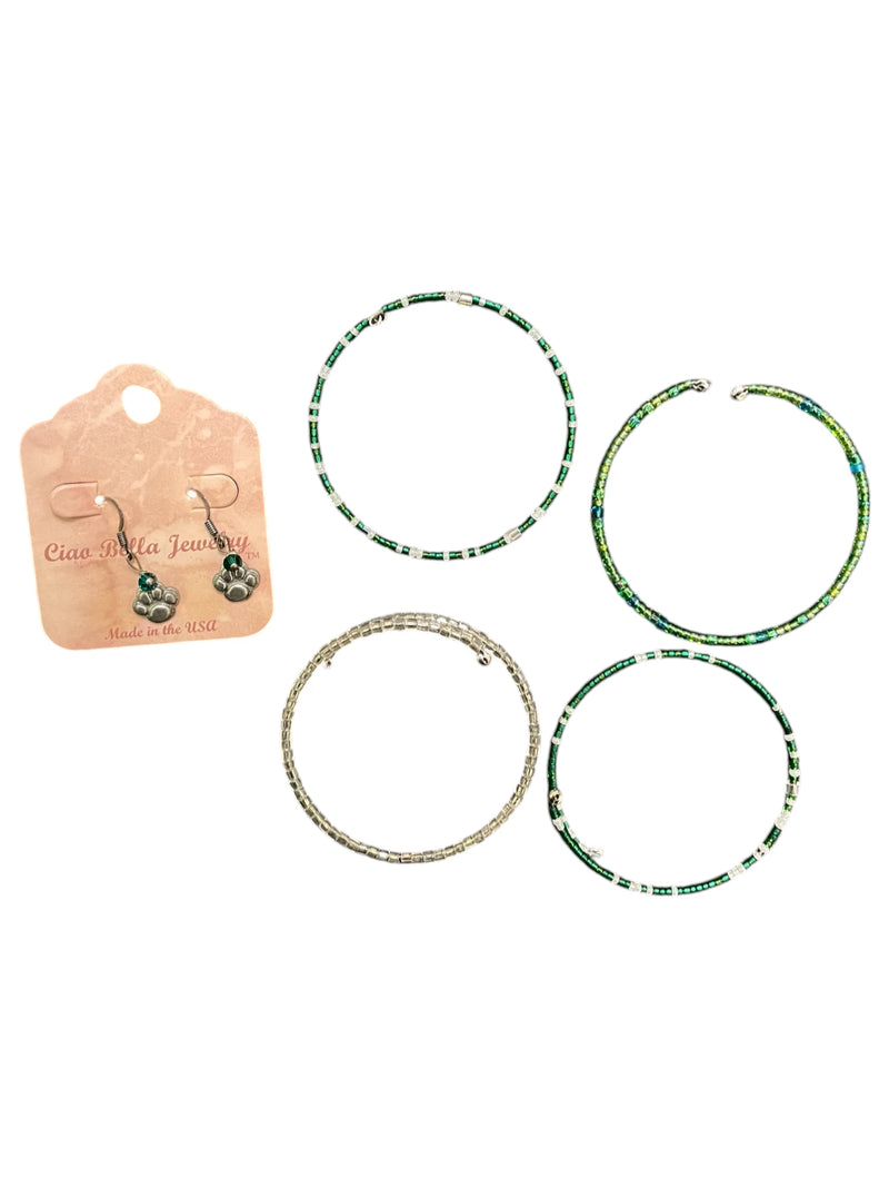 Green Crystal Jewelry Set, Wrap Bracelets & Lion Paw Earrings