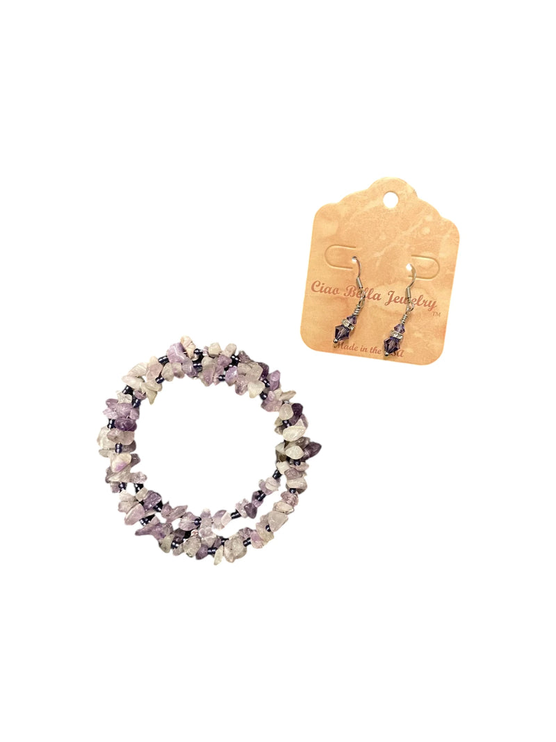 Light Amethyst Jewelry Set, Wrap Bracelet & Crystal Earrings
