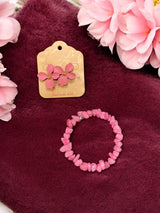 Pink Crystal Jewelry Set, Wrap Bracelet & Dogwood Flower Earrings