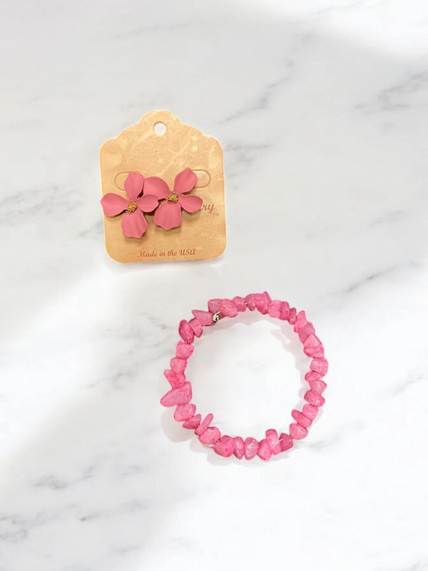 Pink Crystal Jewelry Set, Wrap Bracelet & Dogwood Flower Earrings