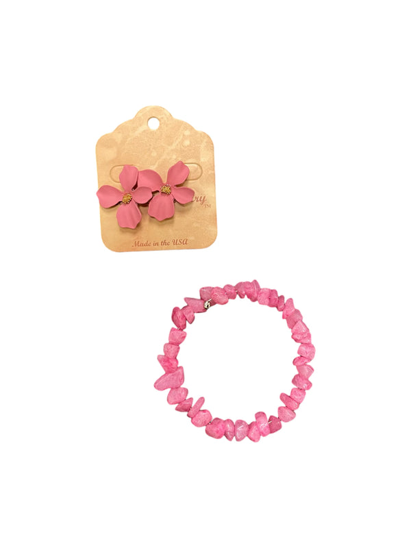 Pink Crystal Jewelry Set, Wrap Bracelet & Dogwood Flower Earrings