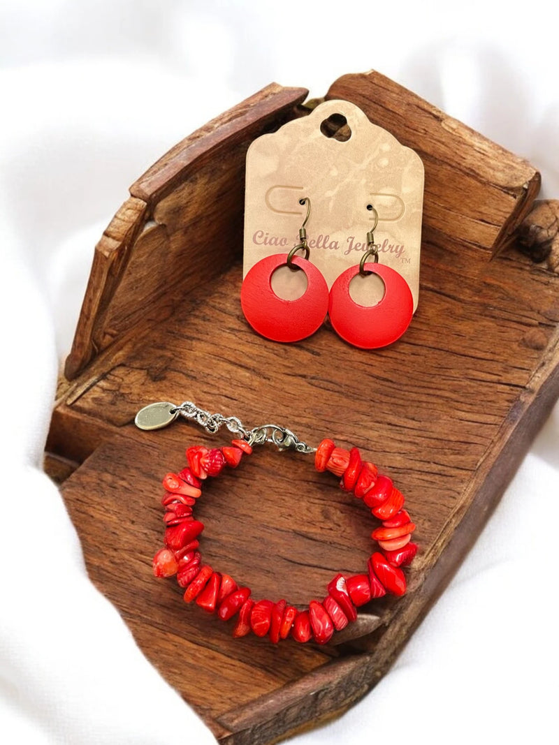 Red Agate Jewelry Set, Chain Bracelet & Geometric Circle Earrings