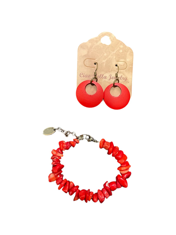 Red Agate Jewelry Set, Chain Bracelet & Geometric Circle Earrings