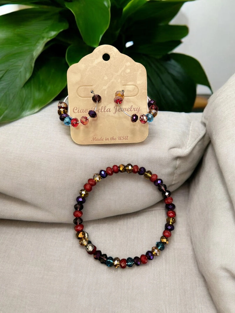 Multicolor Beaded Jewelry Set, Wrap Bracelet & Hoop Earrings