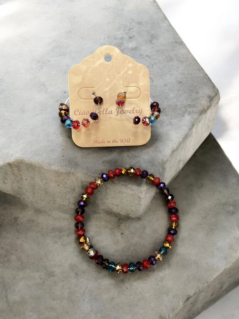 Multicolor Beaded Jewelry Set, Wrap Bracelet & Hoop Earrings