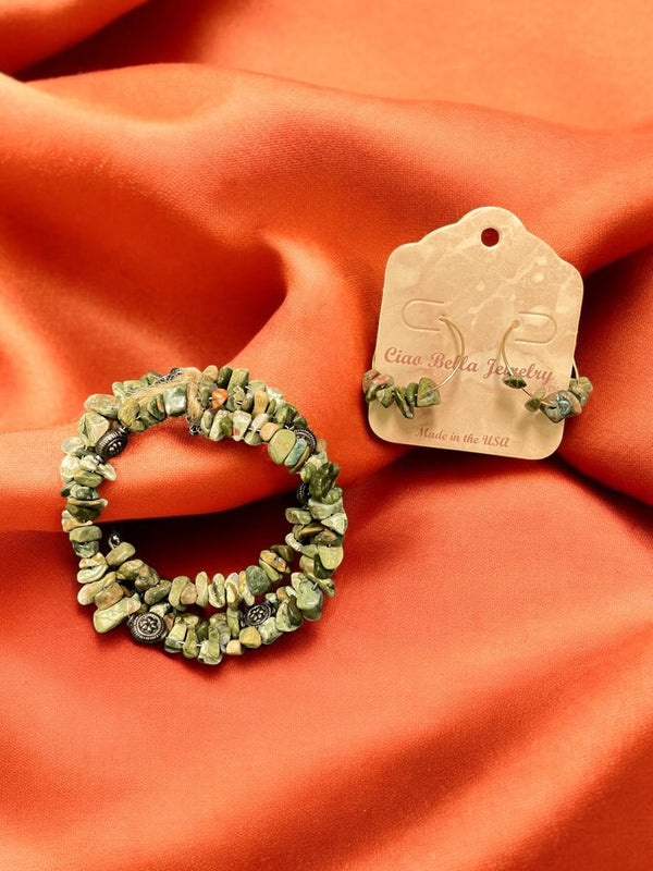 Unakite Jewelry Set, Wrap Bracelet & Hoop Earrings