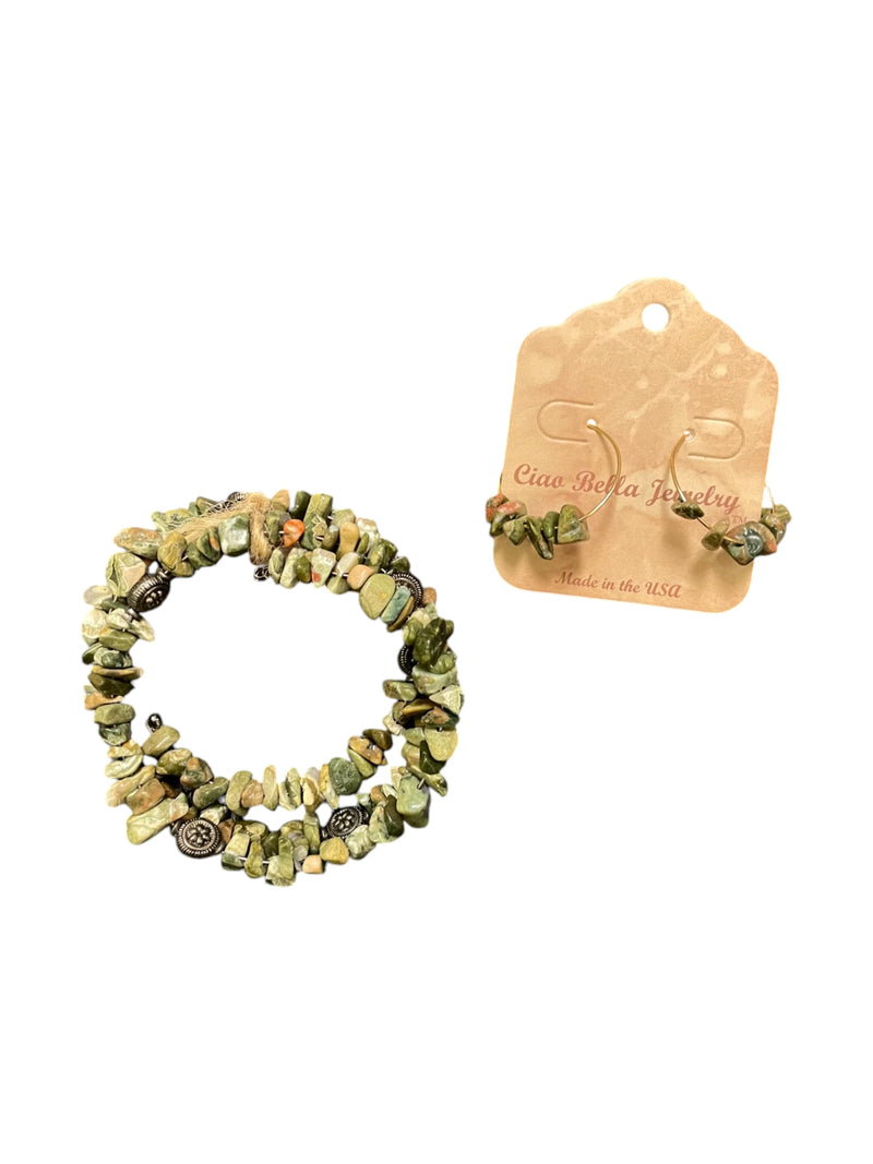 Unakite Jewelry Set, Wrap Bracelet & Hoop Earrings