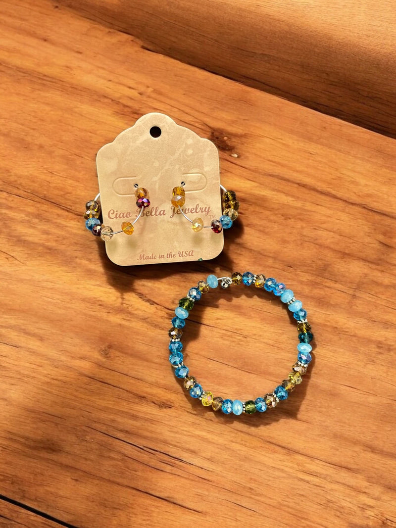 Turquoise, Green & Copper Beaded Jewelry Set, Wrap Bracelet & Hoop Earrings