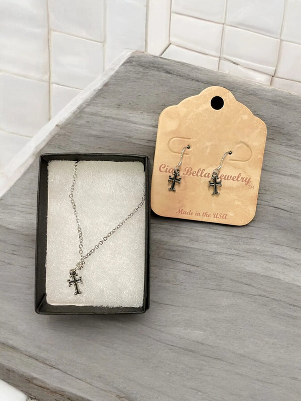 Sterling Silver Cross Jewelry Set, Necklace & Earrings