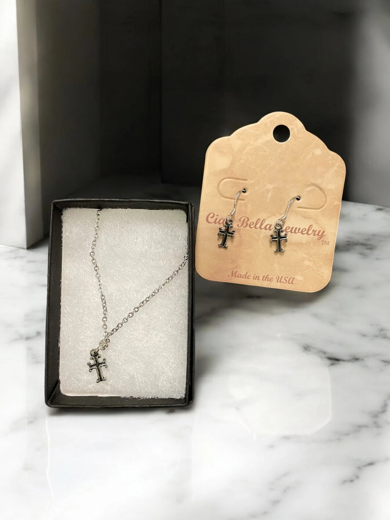 Sterling Silver Cross Jewelry Set, Necklace & Earrings