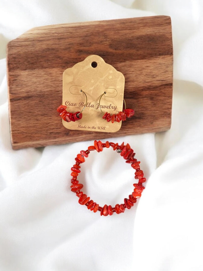 Red Agate Jewelry Set, Wrap Bracelet & Hoop Earrings