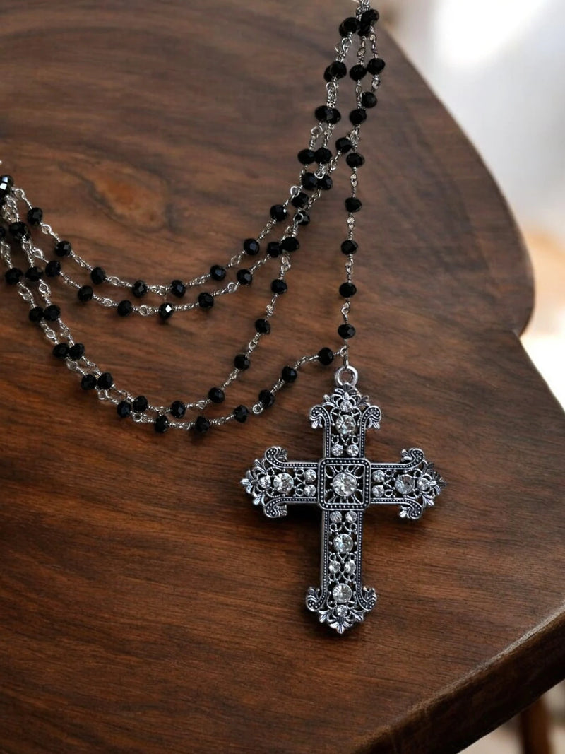 Black Chain with Crystal & Sterling Silver Cross Pendant - Edgy & Elegant | Faith-Inspired Jewelry