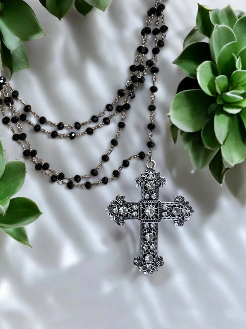 Black Chain with Crystal & Sterling Silver Cross Pendant - Edgy & Elegant | Faith-Inspired Jewelry