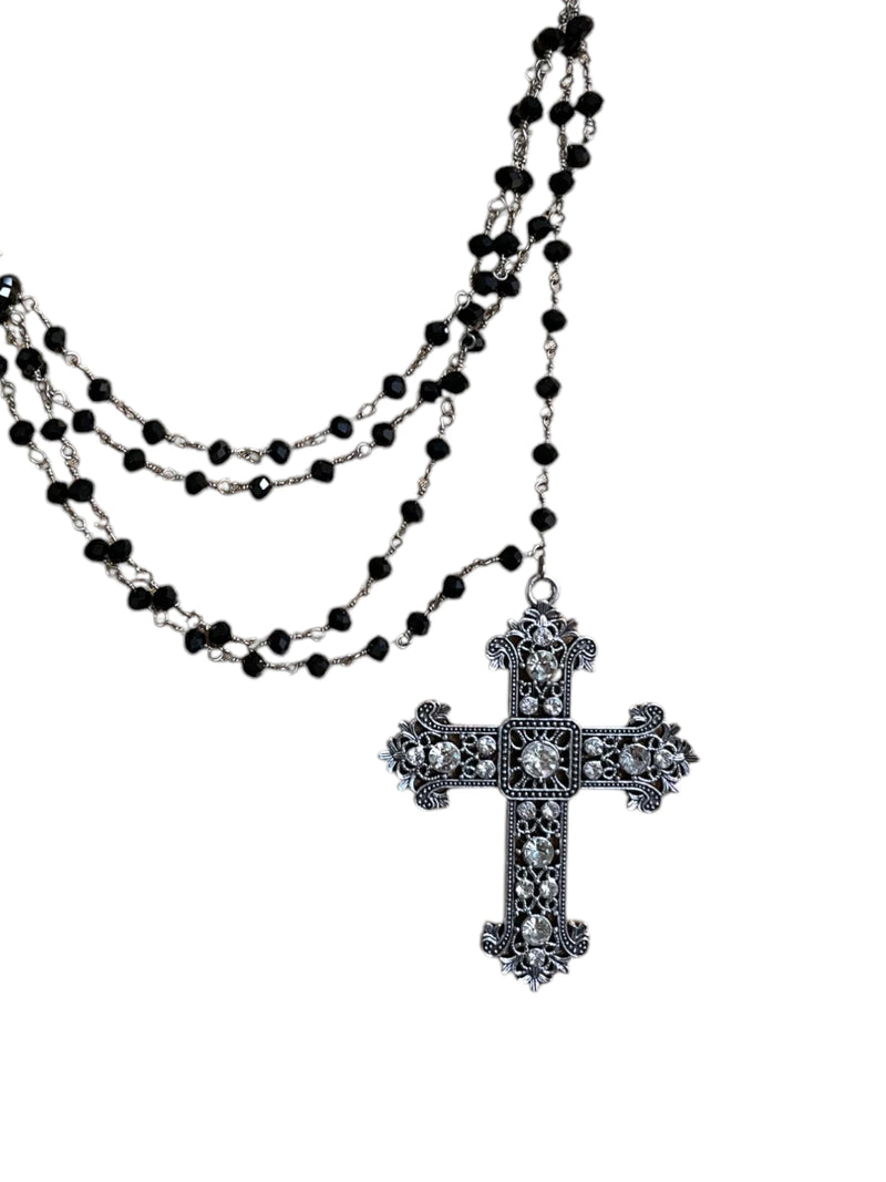 Black Chain with Crystal & Sterling Silver Cross Pendant - Edgy & Elegant | Faith-Inspired Jewelry