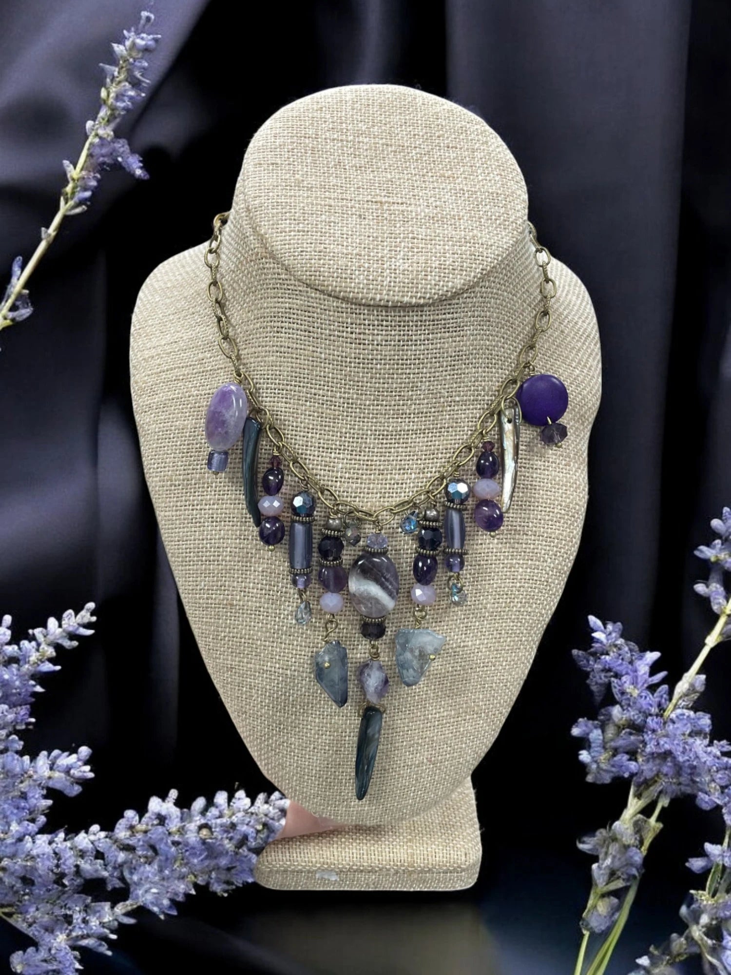 Gemstone Cluster Bib Necklace - Tiger Eye, Turquoise Amazonite, Amethyst, Blue Agate, Apatite, and Sodalite