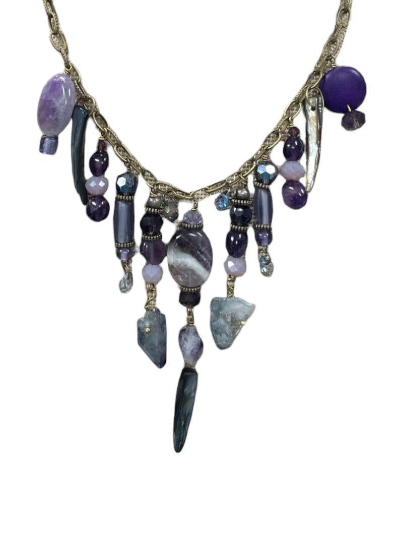 Gemstone Cluster Bib Necklace - Antique Gold - Tiger Eye, Turquoise Amazonite, and Amethyst