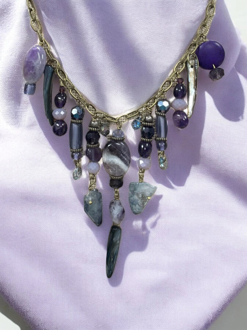 Gemstone Cluster Bib Necklace - Antique Gold - Tiger Eye, Turquoise Amazonite, and Amethyst