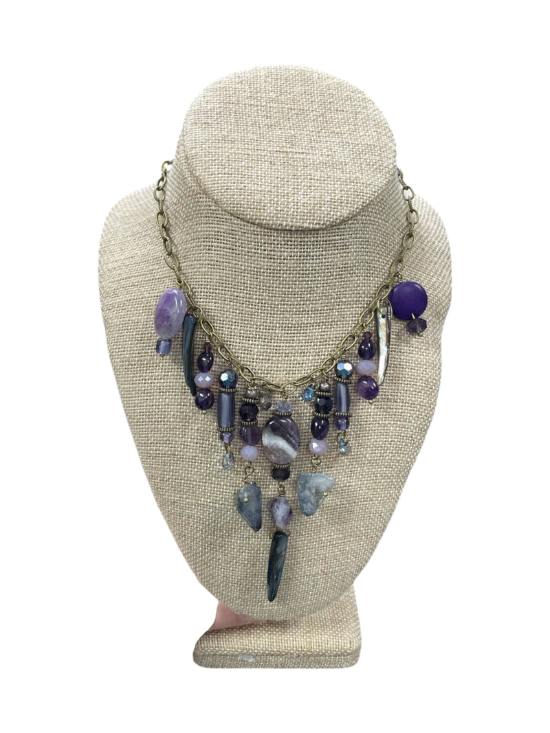 Gemstone Cluster Bib Necklace - Antique Gold - Tiger Eye, Turquoise Amazonite, and Amethyst