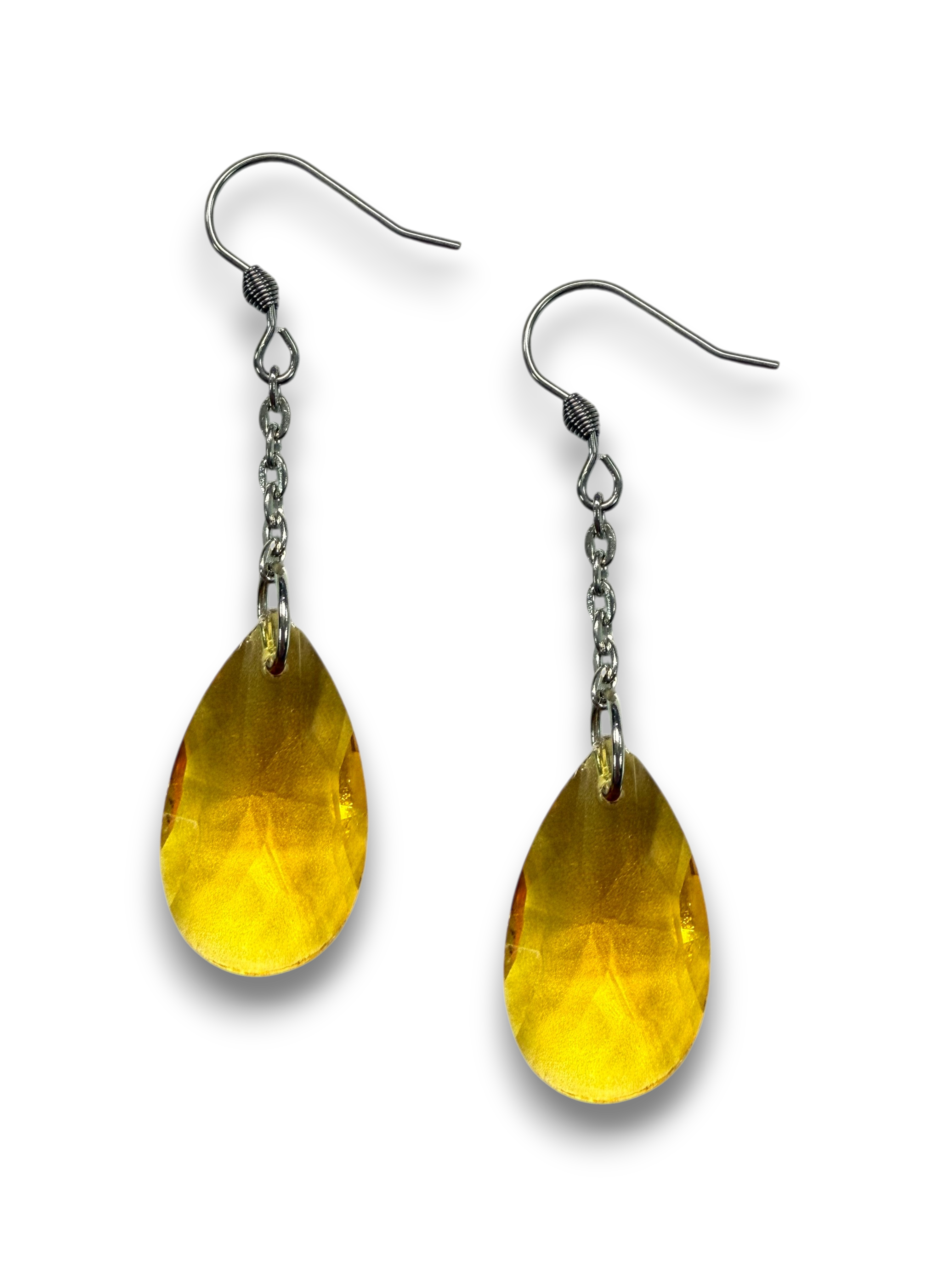 Elevate Your Look: Stainless Steel Teardrop Gemstone Chain Drop Earrings (Sapphire, Emerald, Gray Crystal)