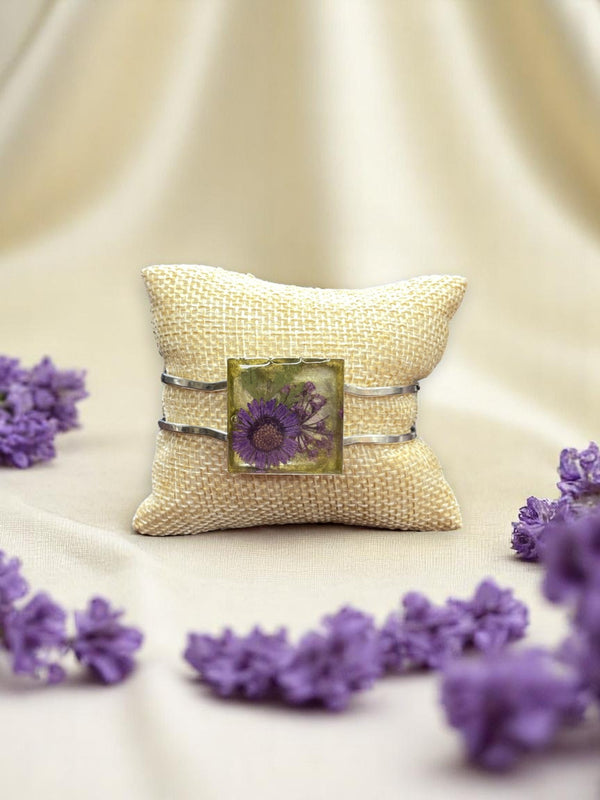 Purple Flower Resin Cuff Bracelet | Yellow Tinted Resin Metal Square