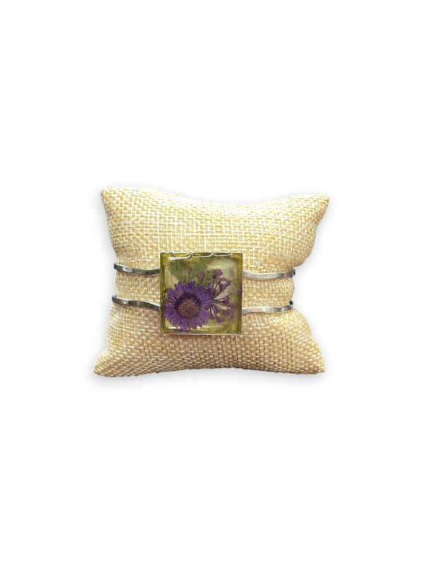 Purple Flower Resin Cuff Bracelet | Yellow Tinted Resin Metal Square
