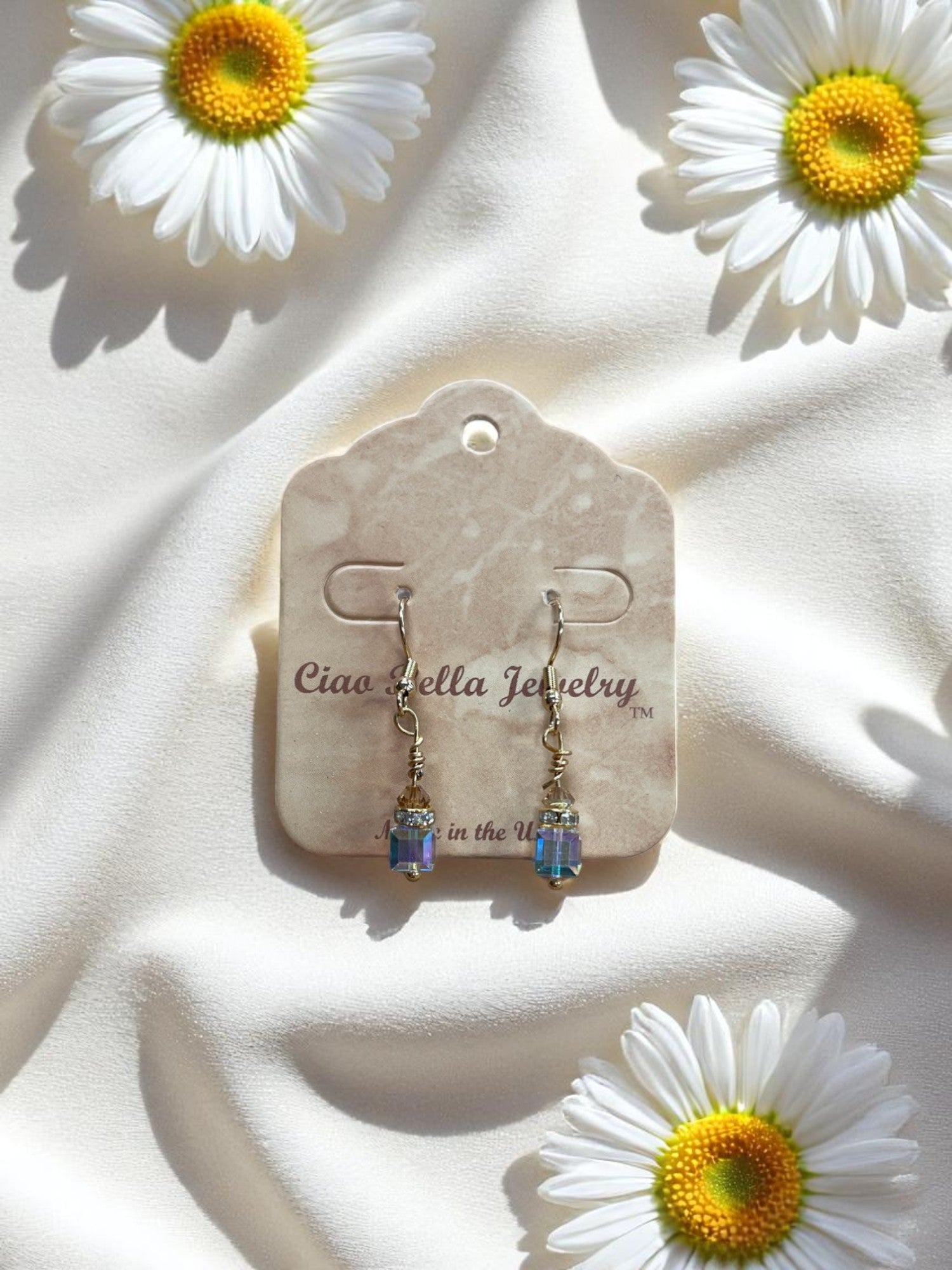 Crystal Cube Drop Earrings | Topaz, Light Yellow & Clear Accents