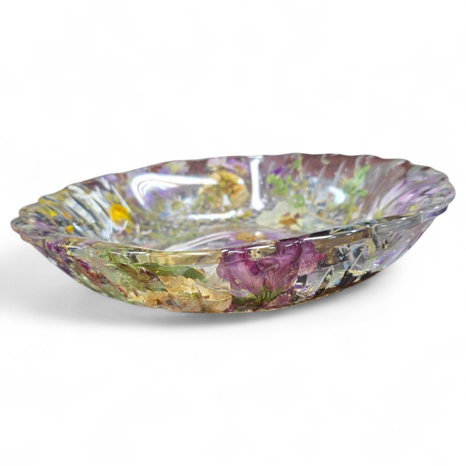 Large Centerpiece Pressed Flower Resin Cut Glass Bowl