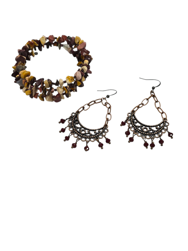 Mookaite Bracelet and Copper Crystal Chandelier Earring Jewelry Set