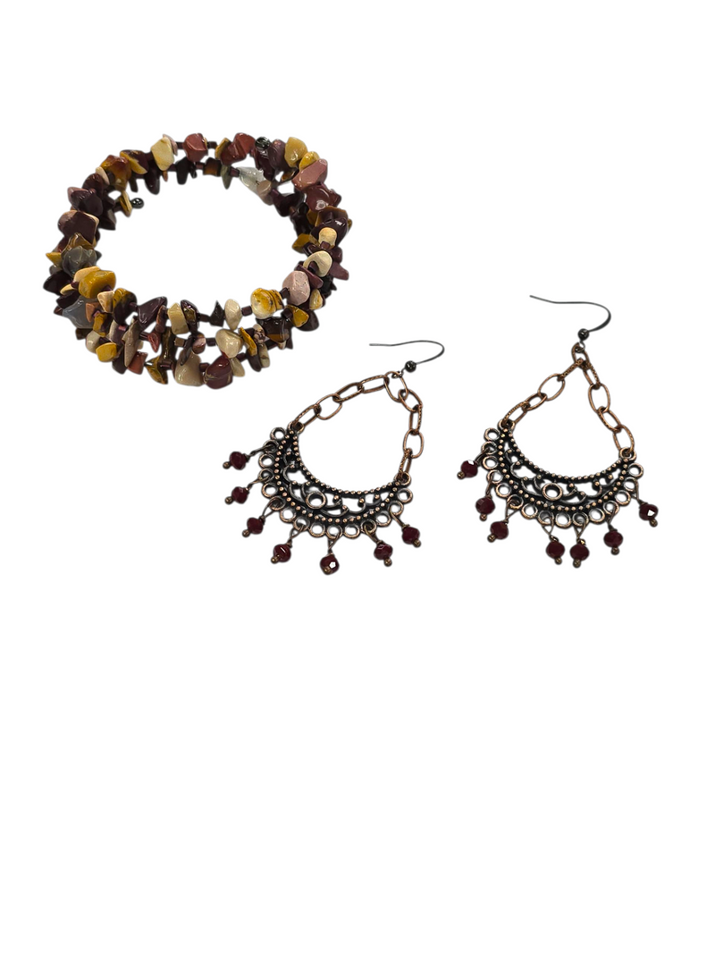 Mookaite Bracelet and Copper Crystal Chandelier Earring Jewelry Set