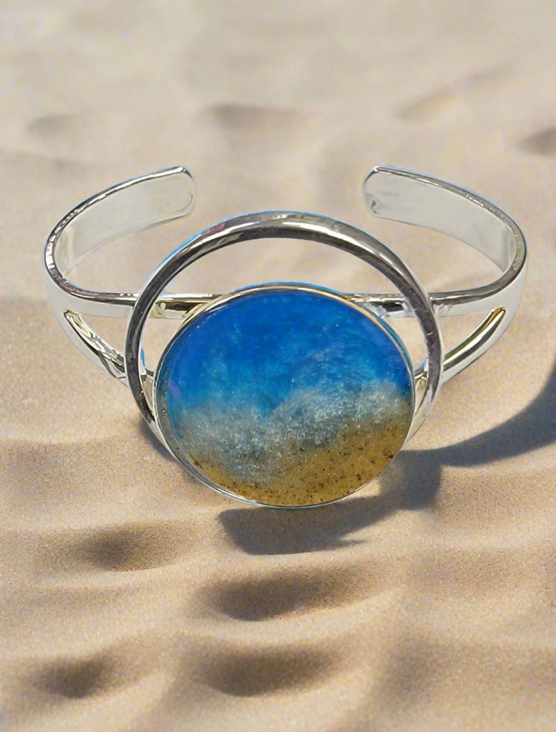 Sterling Silver Plated Cuff Bracelet with Real Sand and Ocean Waves of Resin