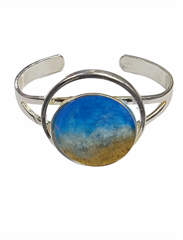 Sterling Silver Plated Cuff Bracelet with Real Sand and Ocean Waves of Resin