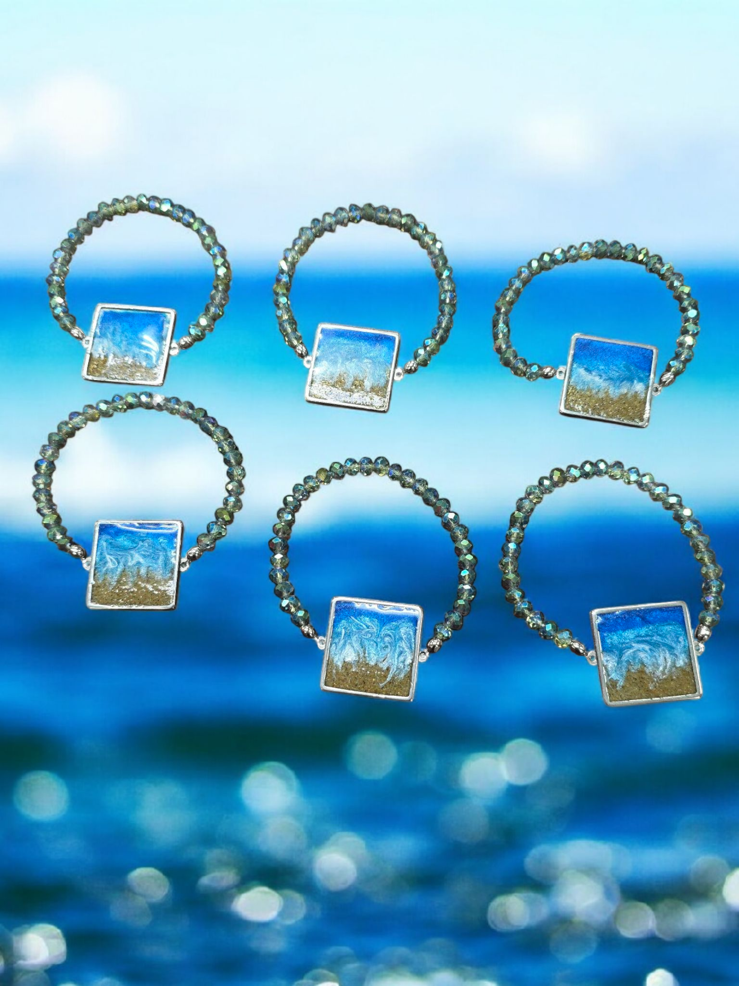 Ocean Wave Crystal Stretch Bracelet, Blue & Green, Beach Jewelry, Women's Gift