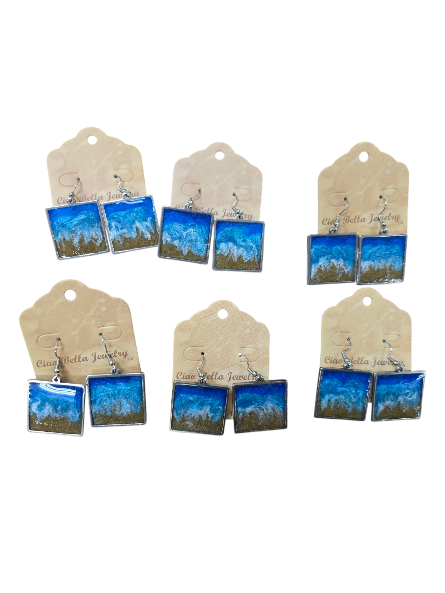 Beach Wave & Sand Dangle Earrings, Handmade, Resin Art, Coastal Jewelry