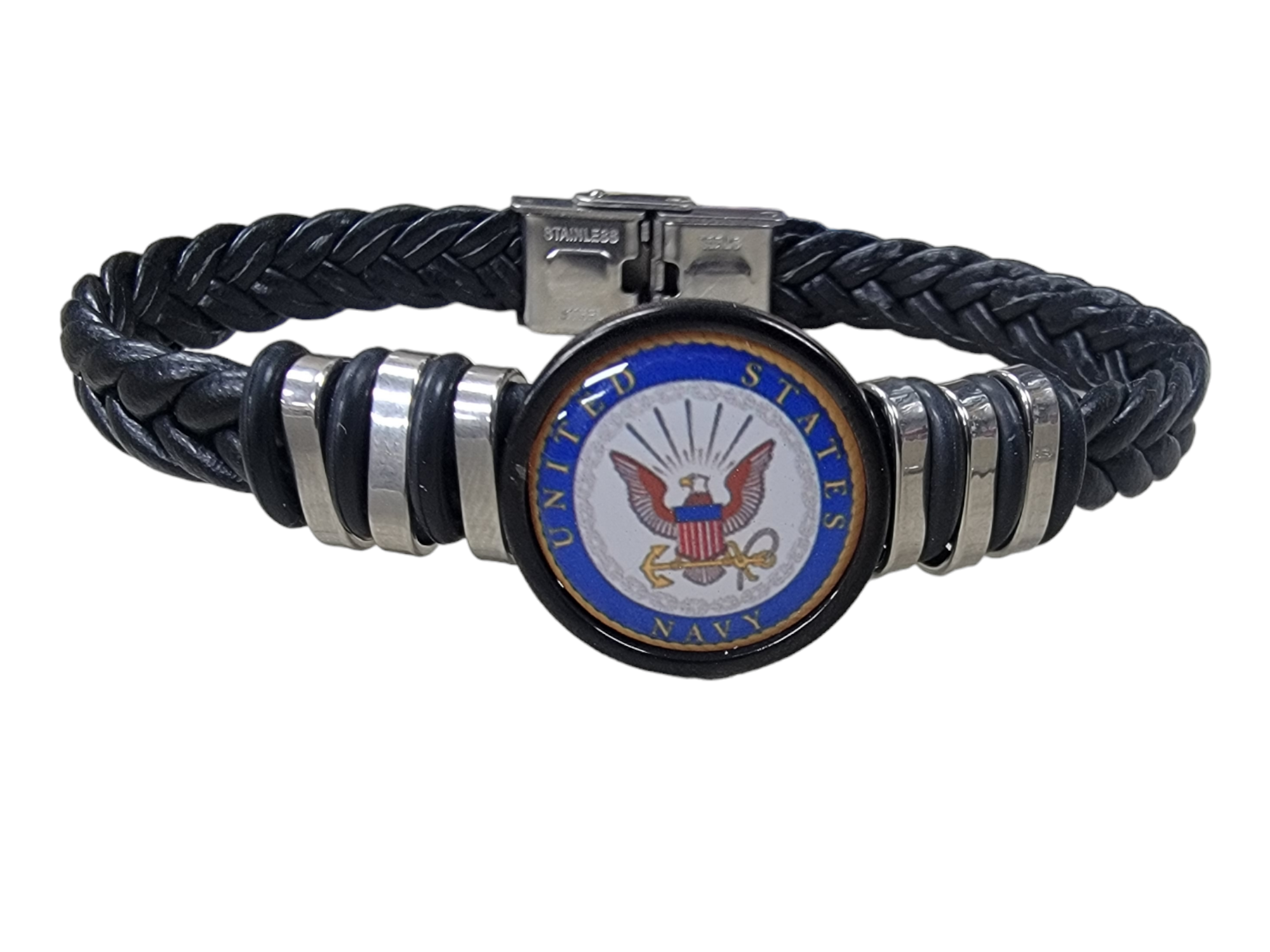 Officially Licensed Navy Black Braided Leather Bracelet with Stainless Steel Accents, Comfortable Fit, Gift Packaged, Sizes Available