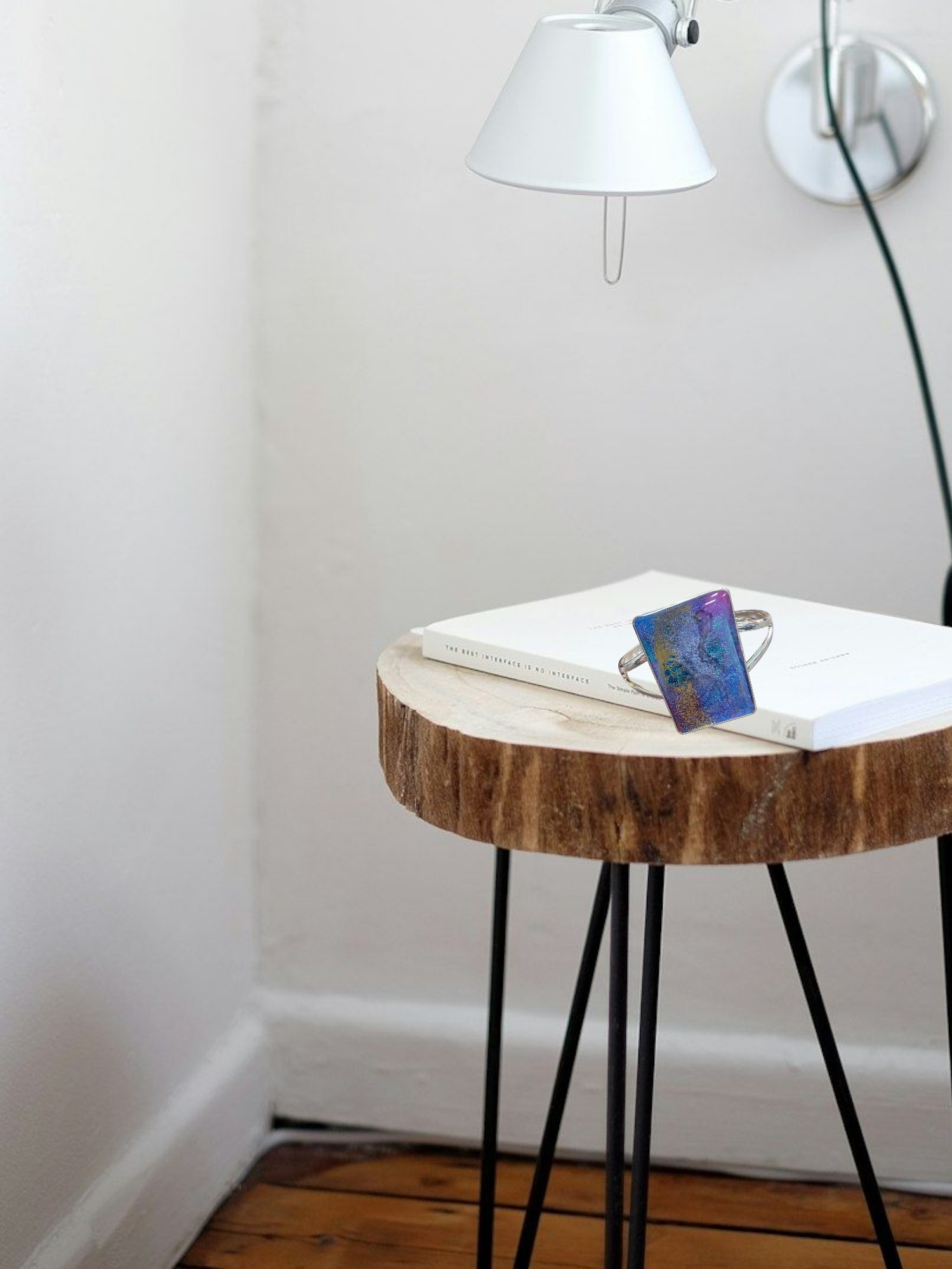 Geometric Sterling Silver Plated Cuff Bracelet with Purple Accents | Unique Handmade Jewelry