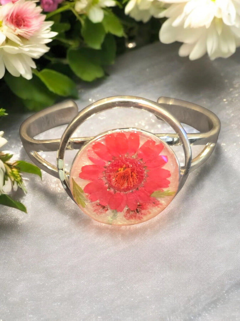 Sterling Plated Circle Cuff with Pressed Flower Centerpiece (Pink or Purple and Blue)