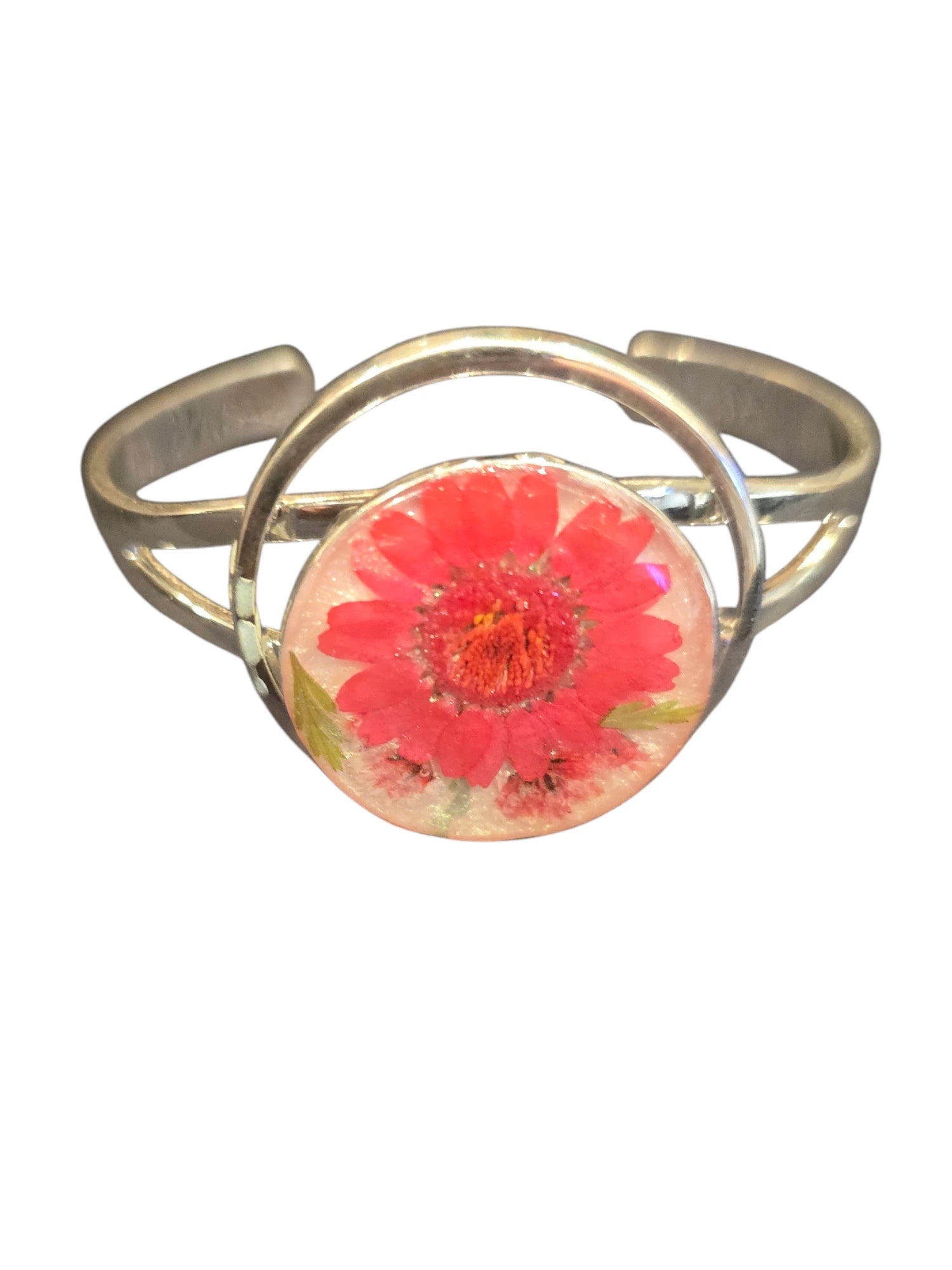 Sterling Plated Circle Cuff with Pressed Flower Centerpiece