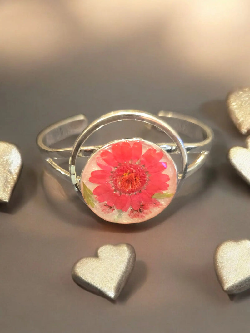 Sterling Plated Circle Cuff with Pressed Flower Centerpiece (Pink or Purple and Blue)