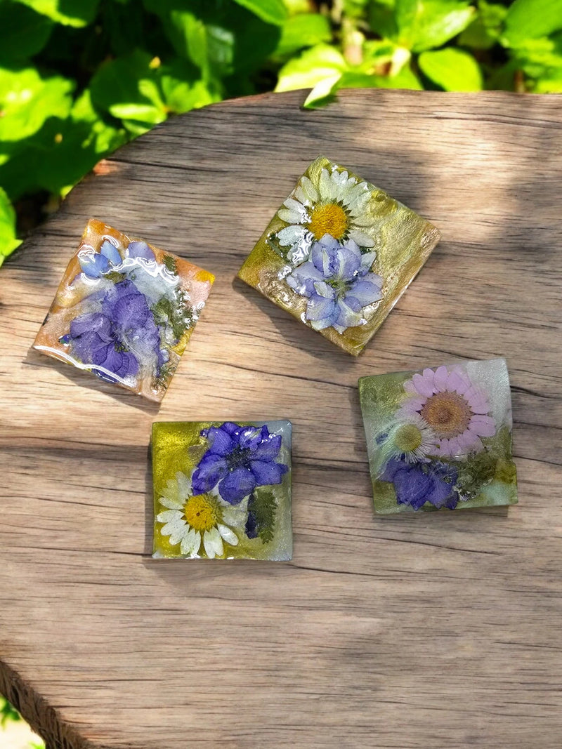 Set of Four Pressed Flower Resin Botanical Square Magnets