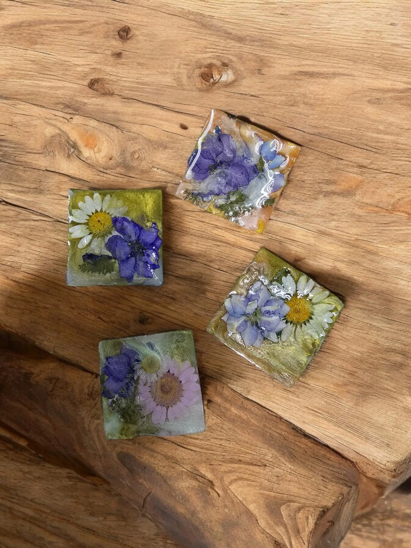 Set of Four Pressed Flower Resin Botanical Square Magnets