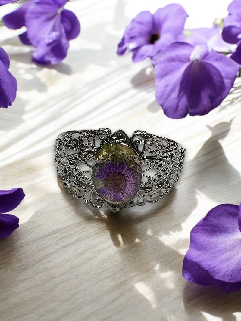 Stainless Steel Filigree Band Bracelet with Purple Pressed Flower Ellipse Centerpiece