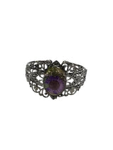 Stainless Steel Filigree Band Bracelet with Purple Pressed Flower Ellipse Centerpiece