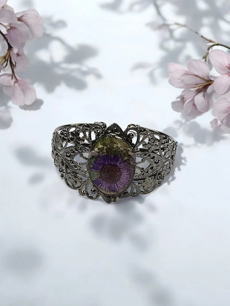 Stainless Steel Filigree Band Bracelet with Purple Pressed Flower Ellipse Centerpiece