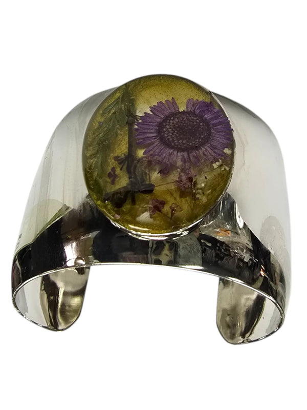 Rhodium Cuff Bracelet with Purple & Yellow Pressed Flower Centerpiece