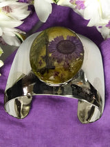 Rhodium Cuff Bracelet with Purple & Yellow Pressed Flower Centerpiece