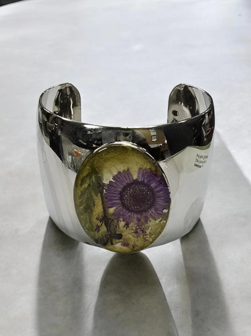 Rhodium Cuff Bracelet with Purple & Yellow Pressed Flower Centerpiece